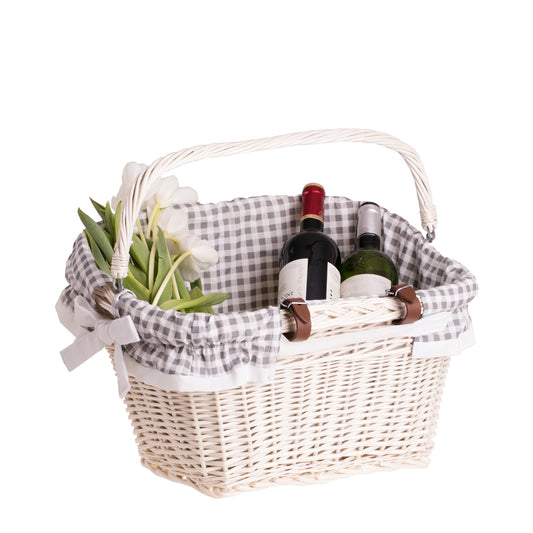 Magnus wicker bike basket with gray trim, with a handle and leather straps TheWickerStories