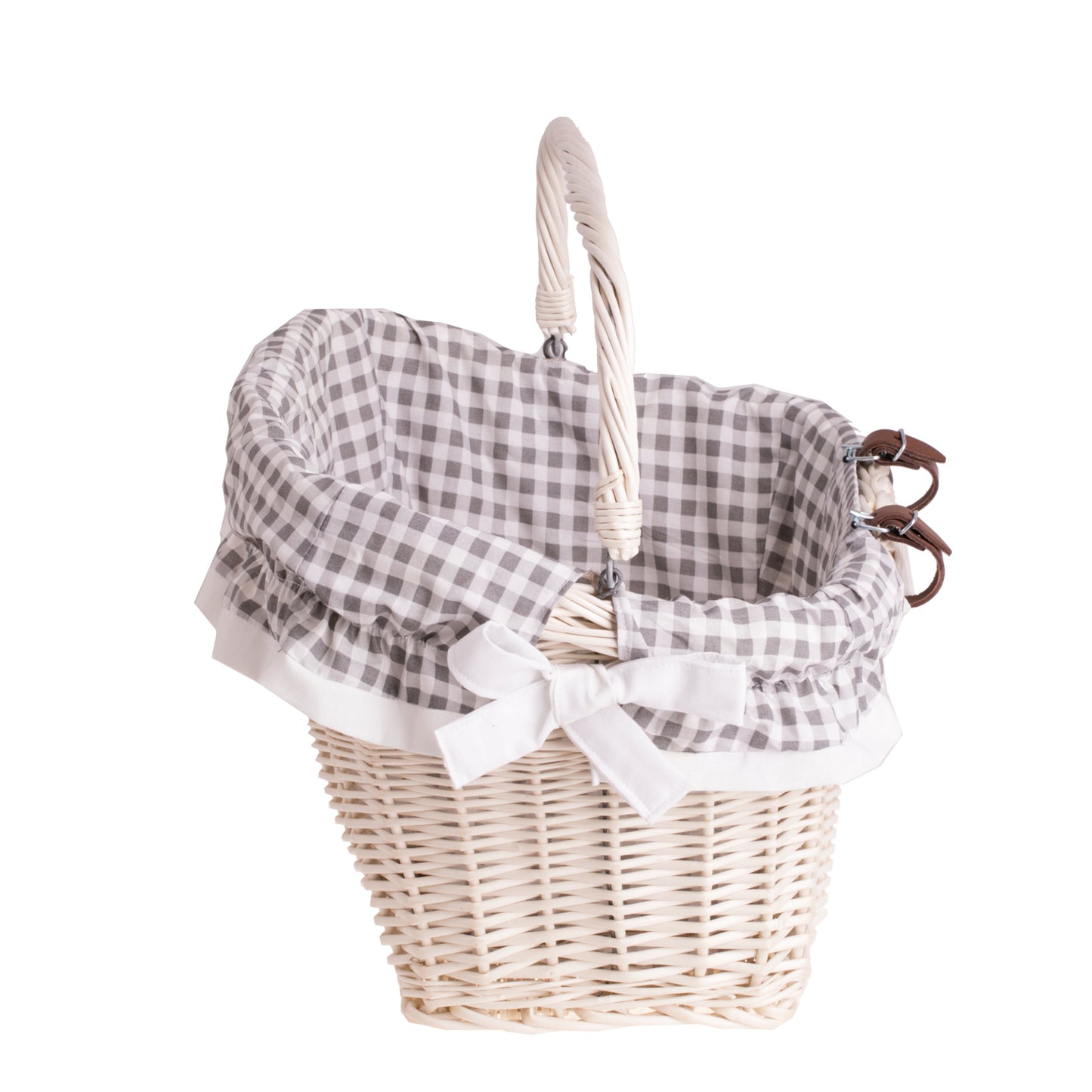 Magnus cestino in vimini per bici con rifinitura grigia, con manico e cinturini in pelle TheWickerStories