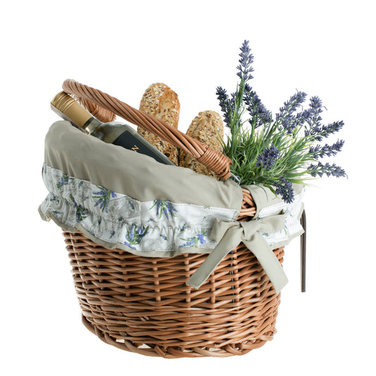 Maxian wicker bicycle basket with beige lining, handle and handlebar mount TheWickerStories