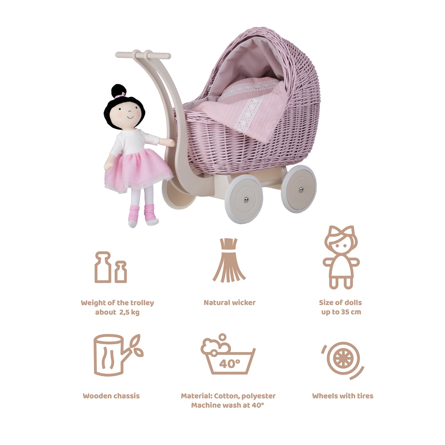 Lili wicker doll stroller with pink trim, blanket, and pillow