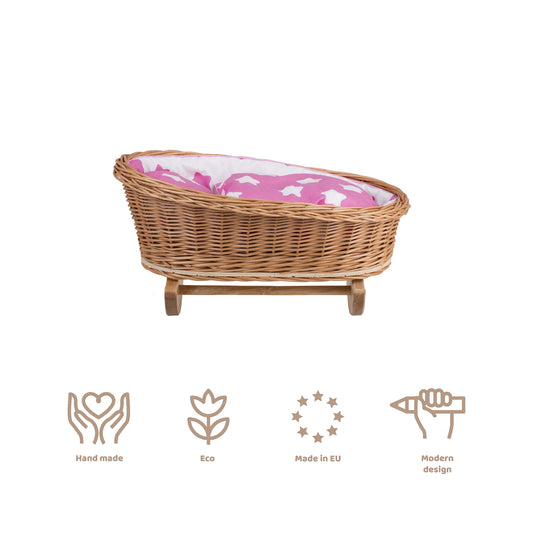 wicker cradle for dolls with pink lining, pillow and duvet