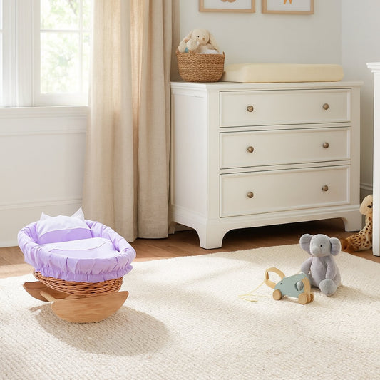 Mimi wicker cradle for dolls with purple lining, pillow and duvet TheWickerStories