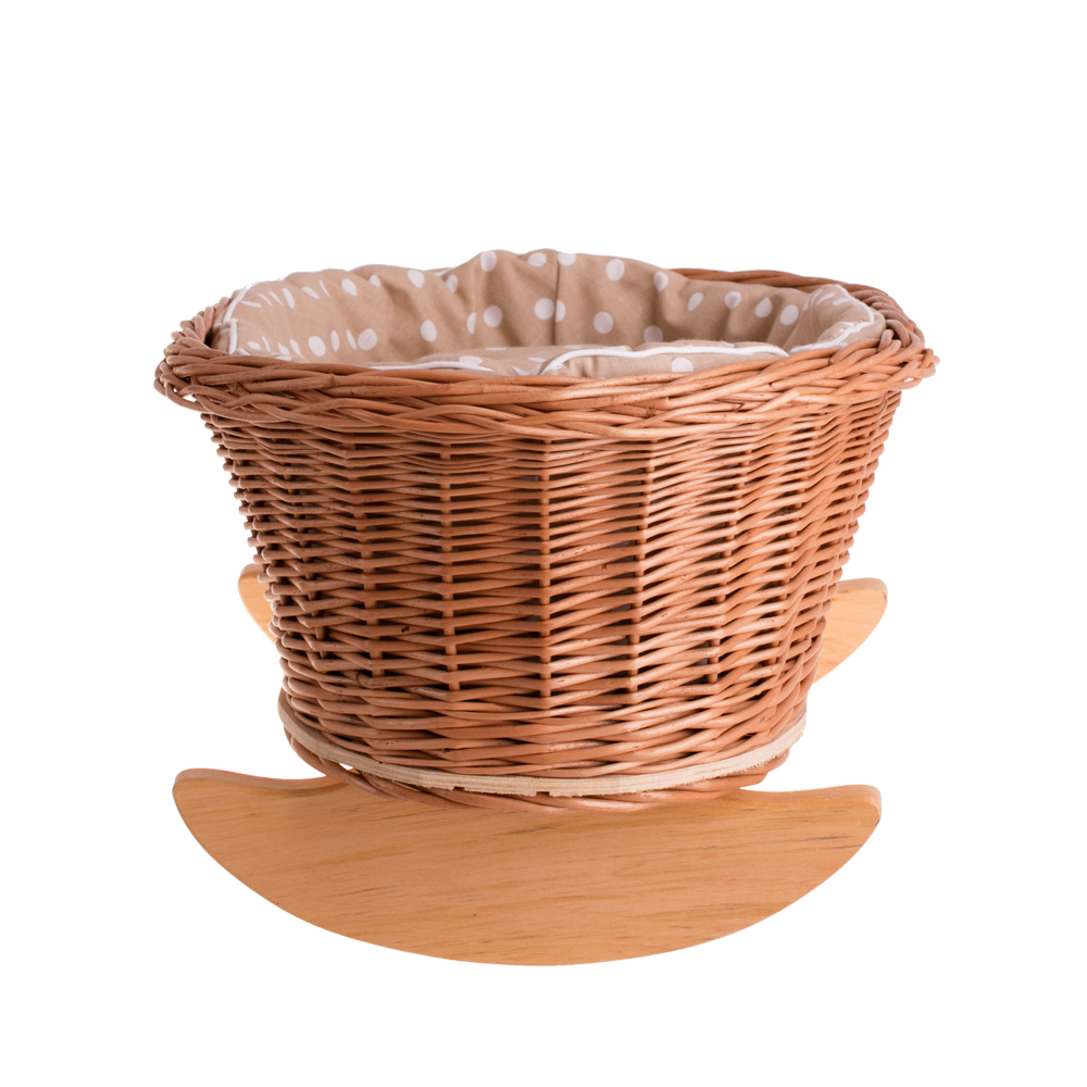 Mimi culla in vimini per bambole con fodera beige, cuscino e piumone TheWickerStories