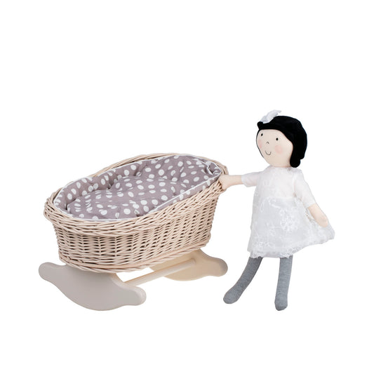 Mimi culla in vimini per bambole con fodera marrone, cuscino e trapunta TheWickerStories