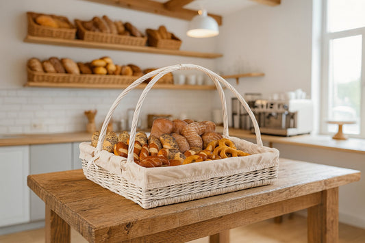 Allium wicker serving basket with cream trim, featuring handles