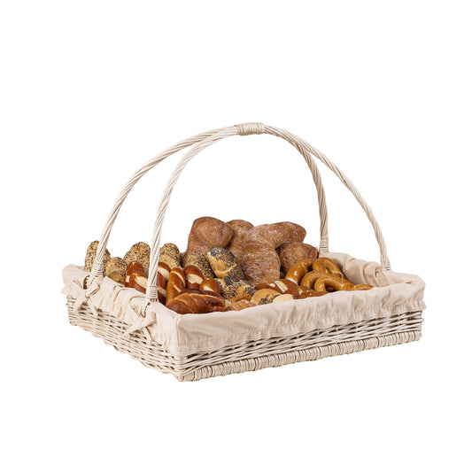 wicker serving basket with cream trim, featuring handles