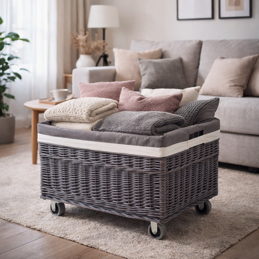 wicker toy storage basket with gray trim