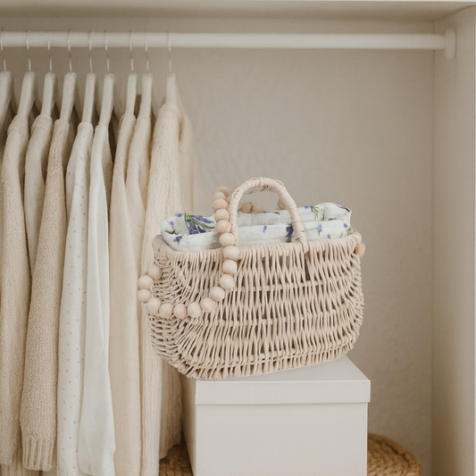 wicker handbag with white lining and handle