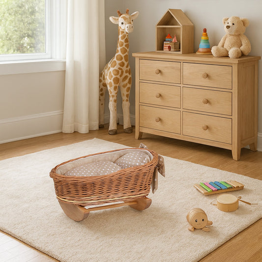 Mimi wicker cradle for dolls with brown lining, pillow and duvet TheWickerStories