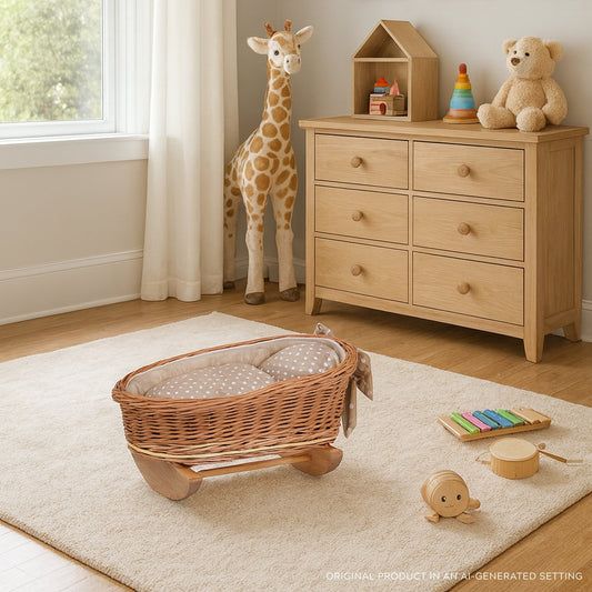 rieten wieg voor poppen met beige bies, kussen en dekentje