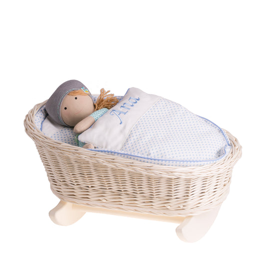Mimi wicker cradle for dolls with personalization, blue lining, pillow and duvet