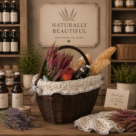 wicker shopping basket with gray trim and handle