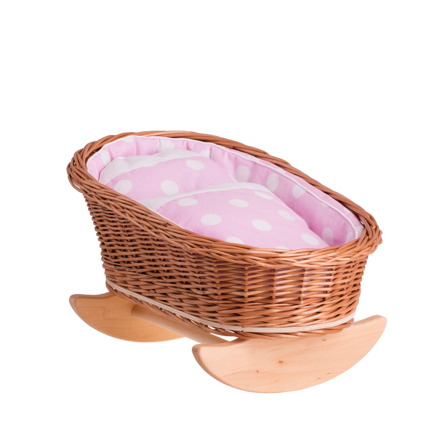 Mimi rotting vagga för dockor med rosa foder, kudde och täcke