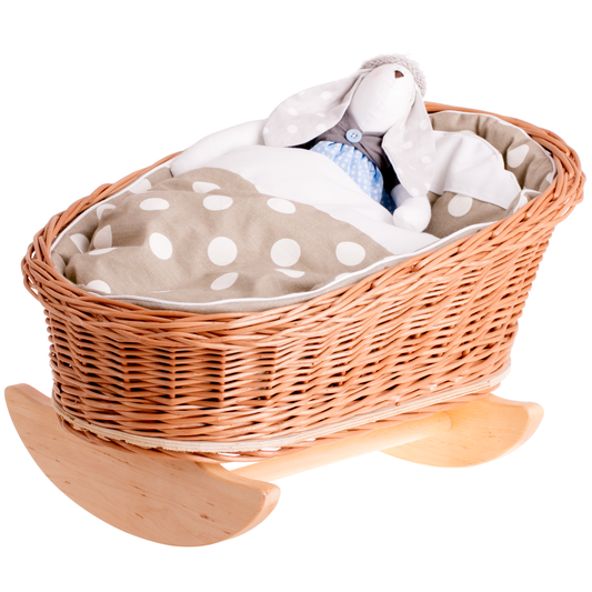 Mimi wicker cradle for dolls with beige lining, pillow and duvet TheWickerStories
