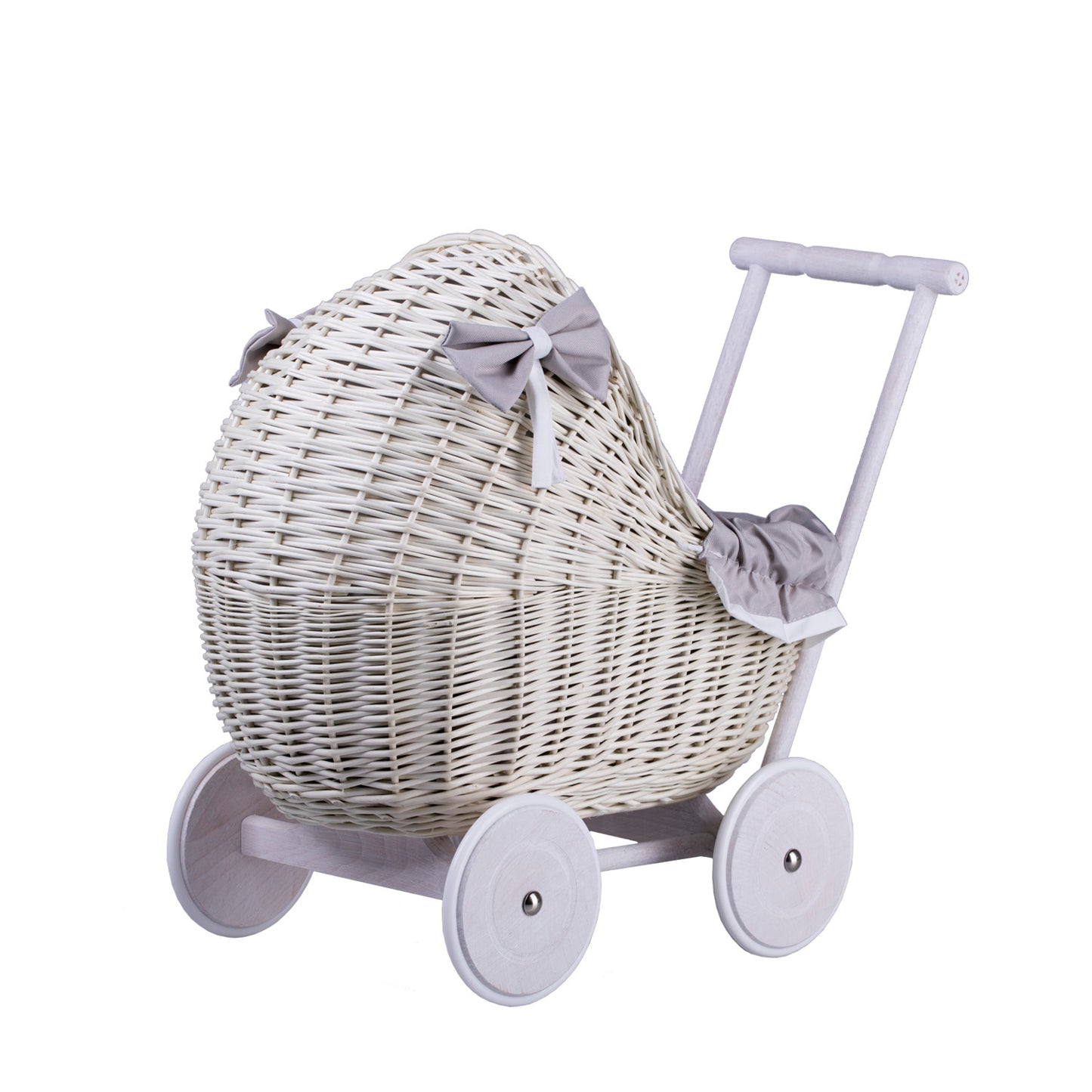 Lili wicker doll stroller with gray trim, blanket, and pillow