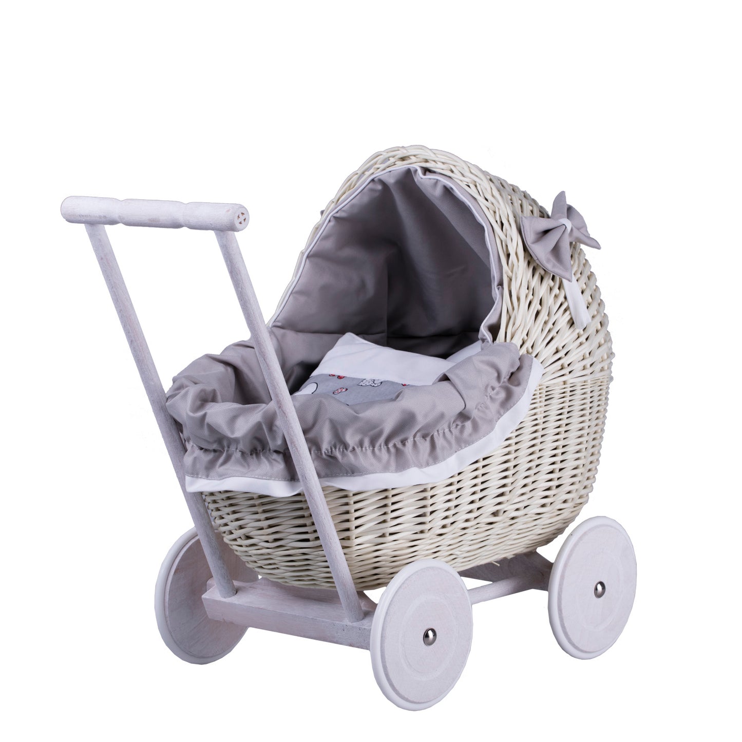 Lili wicker doll stroller with gray trim, blanket, and pillow
