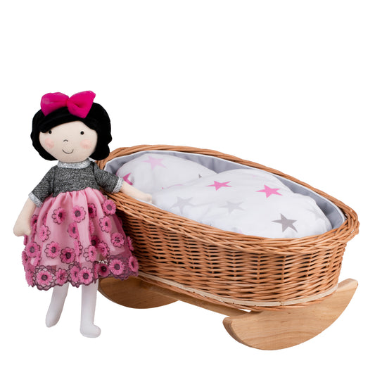 Mimi wicker cradle for dolls with grey lining, pillow and quilt TheWickerStories