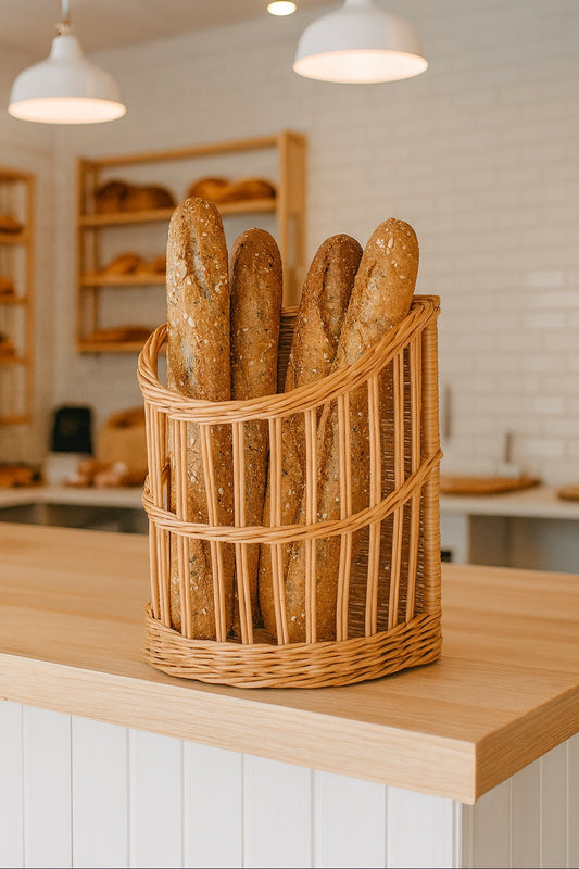 Borago wicker baguette basket for kitchen and store, standing display rack TheWickerStories