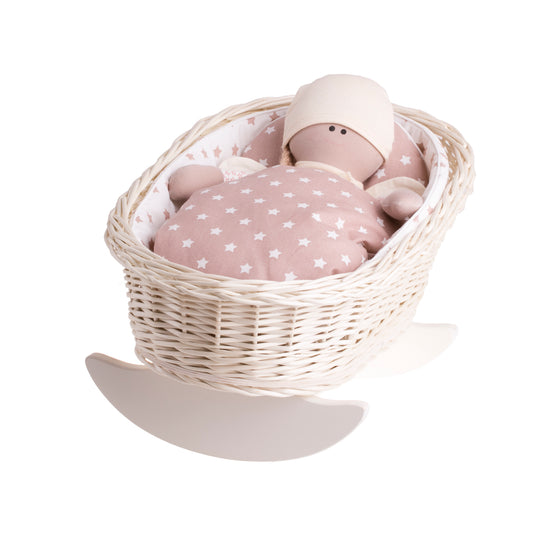 Mimi wicker cradle for dolls with white lining, pillow and quilt TheWickerStories