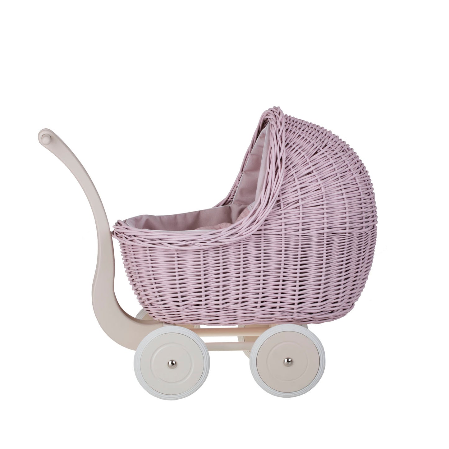 Lili wicker doll stroller with pink trim, blanket, and pillow