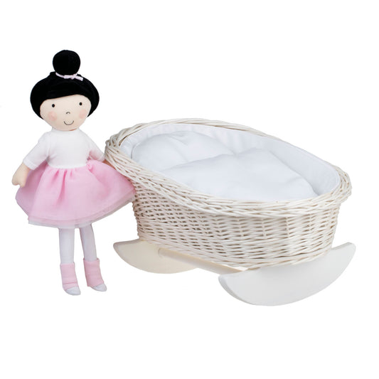 Mimi wicker cradle for dolls with white lining, pillow and duvet TheWickerStories