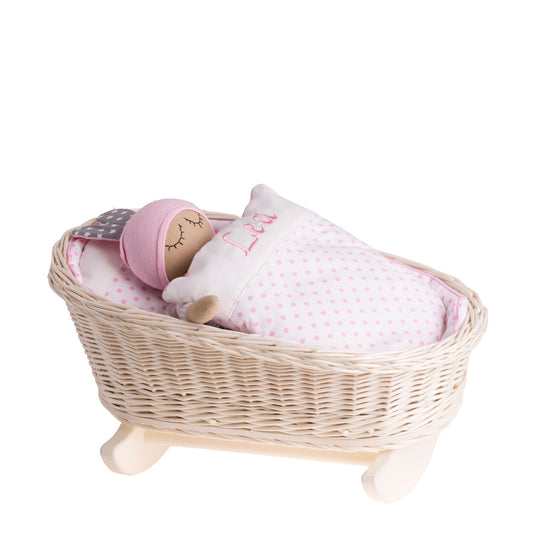 Mimi wicker cradle for dolls with personalization, pink lining, pillow and duvet TheWickerStories