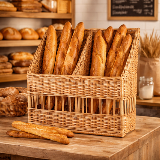 wicker basket for baguettes for bakery display