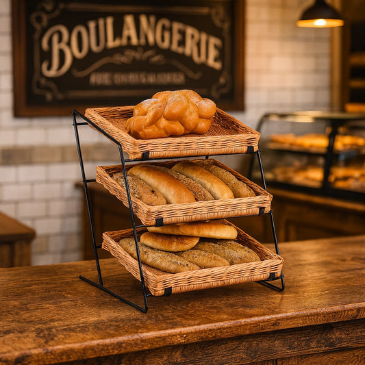 Vesszőfonott, pultra helyezhető bemutatóállvány három kosárral, fém vázzal