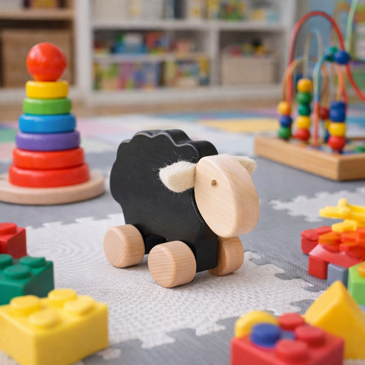 wooden sheep on wheels – children's toy