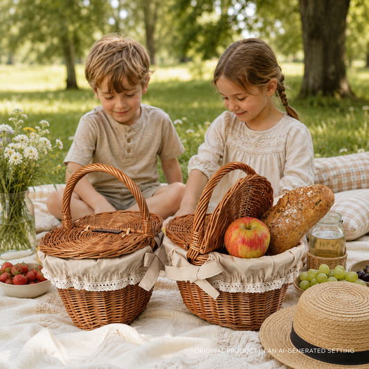 coș din nuiele pentru copii pentru picnic și joacă – set de 2 buc., cu căptușeală bej,