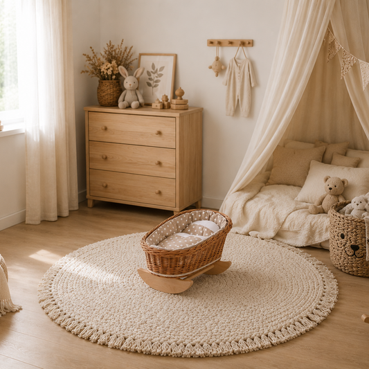 wicker cradle for dolls with beige lining, pillow and quilt