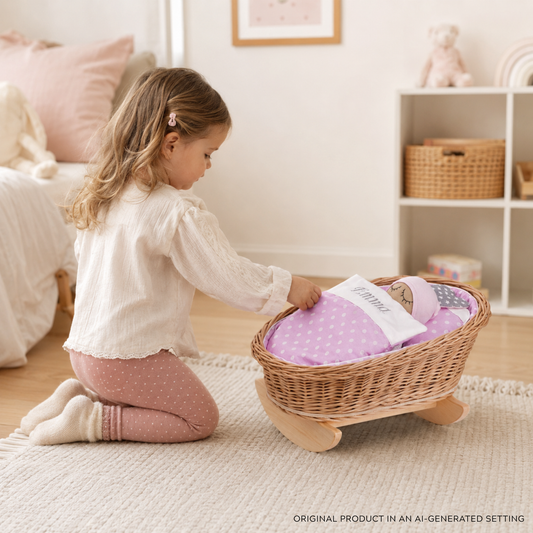 rotan wiegje voor poppen met personalisatie, roze voering, kussen en dekbed