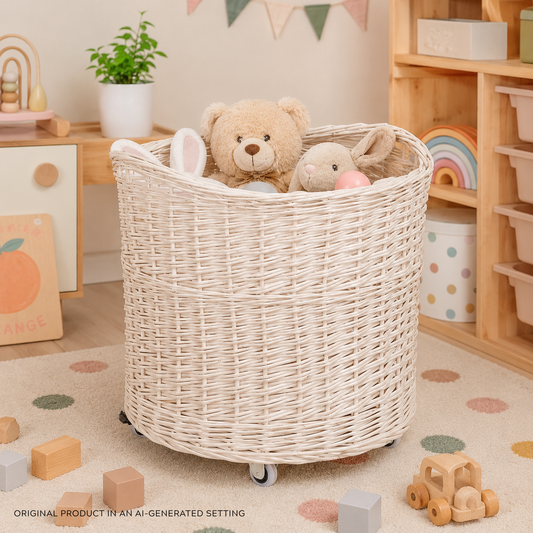 Caros large round mobile storage basket on wheels, wicker display basket TheWickerStories