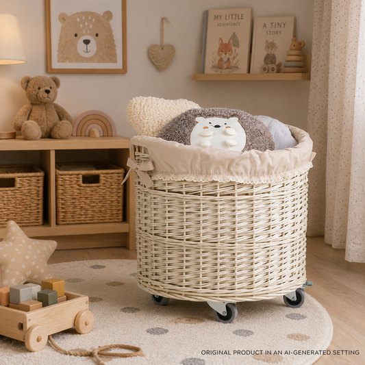 Caros large, round, mobile storage basket, wicker display basket with trim TheWickerStories