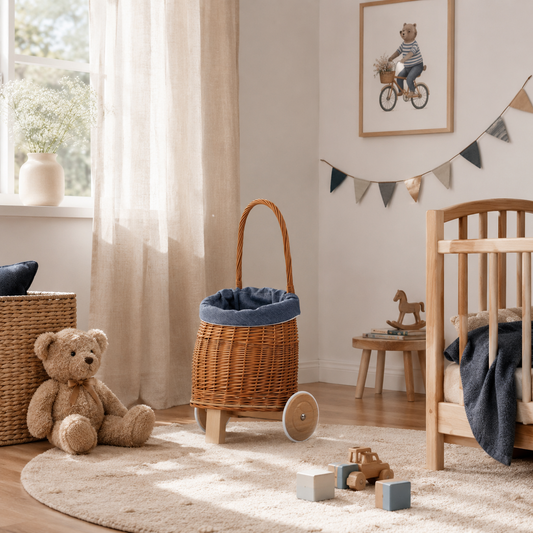 wicker push walker for children with blue trim, with handle and wooden wheels