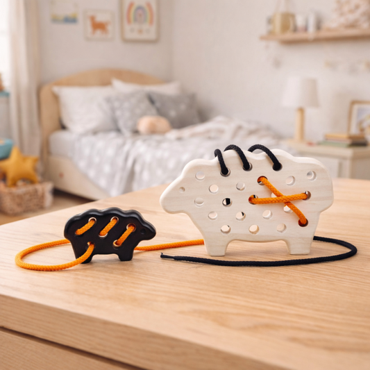 mouton en bois avec agneau - jouet pour enfants, artisanal en osier et bois, applique