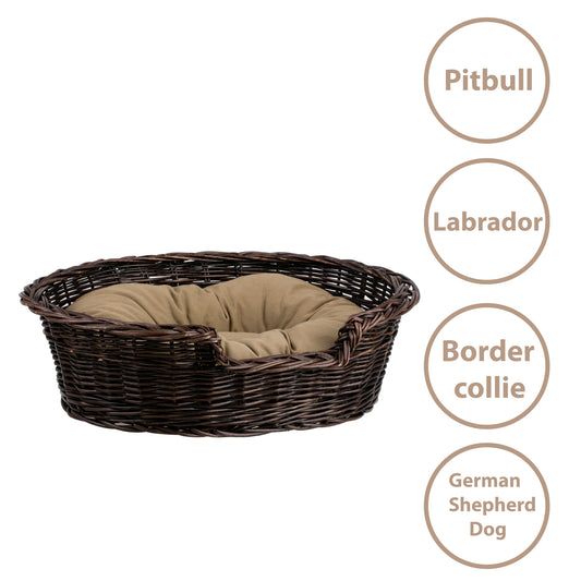 Esmira wicker pet bed for dogs and cats with beige cushion and lowered entrance TheWickerStories