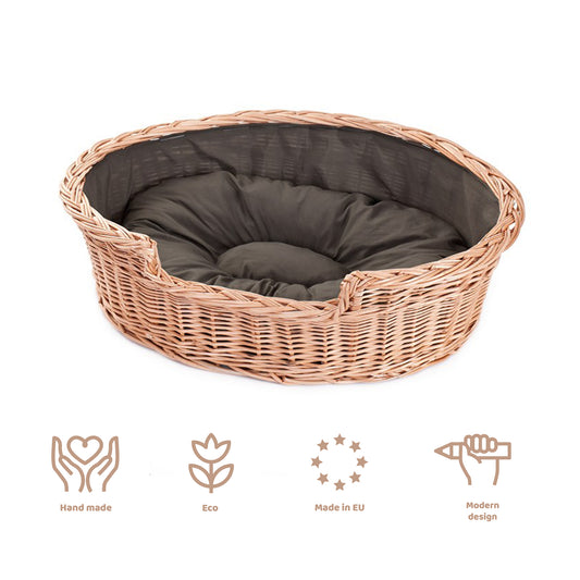 Esmira wicker basket for dog and cat with brown cushion TheWickerStories