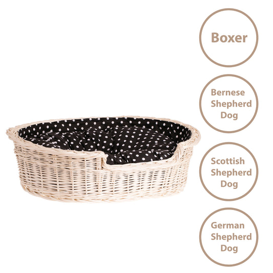 Esmira wicker pet basket for dogs and cats with black trim and cushion TheWickerStories