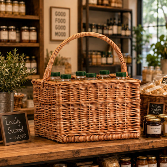 wicker bottle basket with compartments and handle