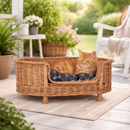Wiklinowy kosz dla zwierząt z czarną poduszką