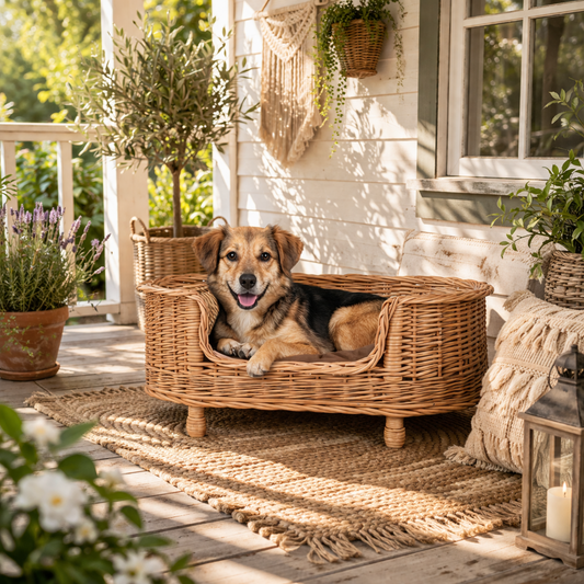 Wiklinowy kosz dla zwierząt z brązową poduszką