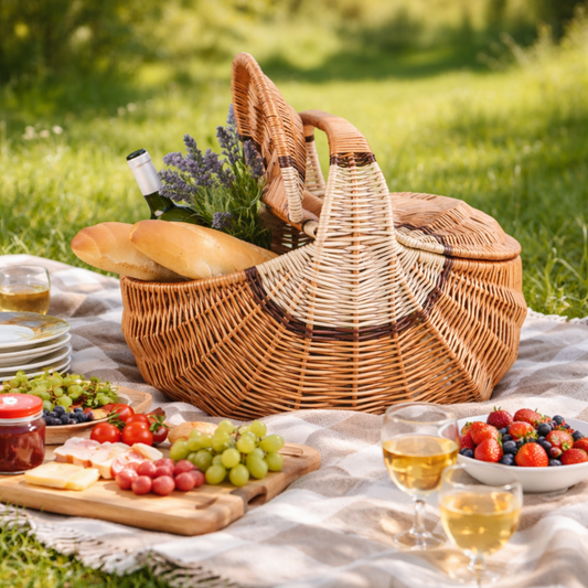 wicker picnic basket with lid