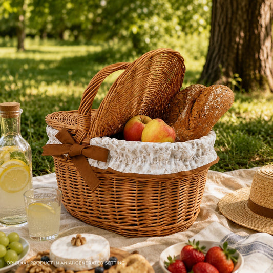 coș de picnic din nuiele cu finisaj maro, cu capac și mâner