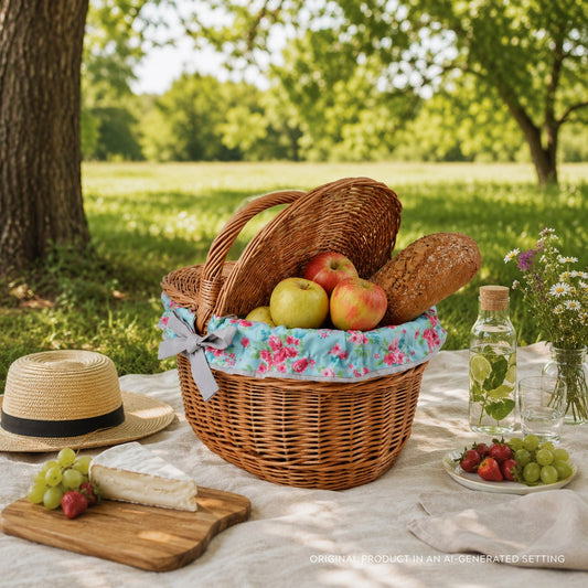 coș de picnic împletit din nuiele cu margine albastră, cu capac și mâner