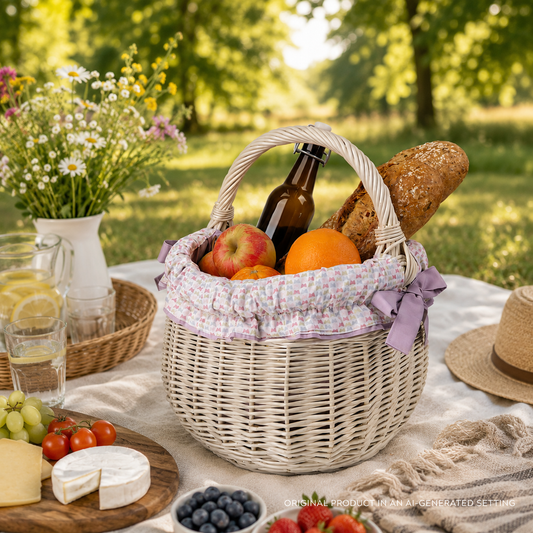 vesszőkosár bevásárláshoz, piknik kosár lila szegéllyel, fogantyúval