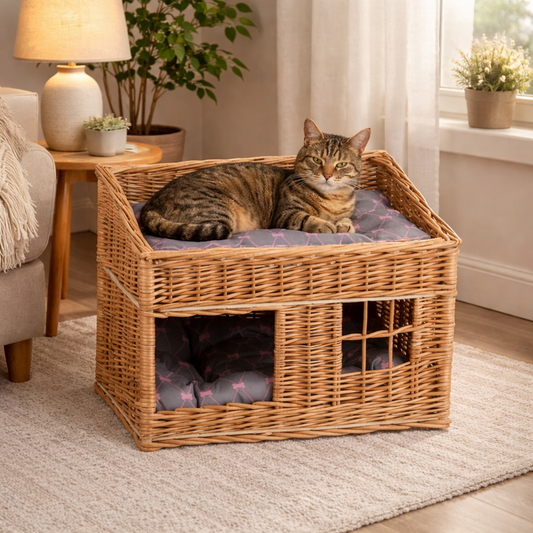casa de vime para gato com duas almofadas