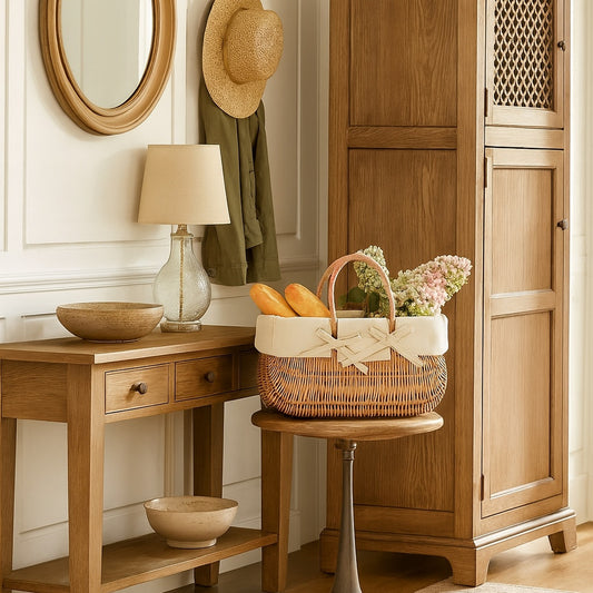 wiklinowy koszyk zakupowy z beżowym obszyciem i rączkami