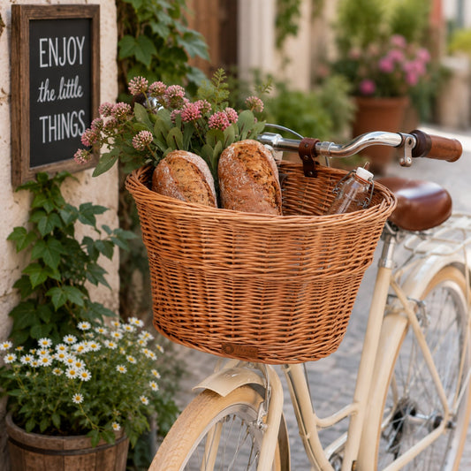 wicker bicycle basket with eco-leather straps