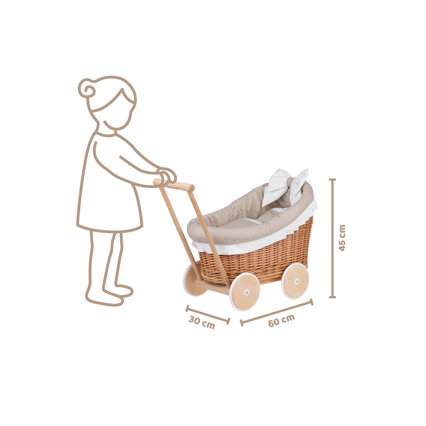 Luna vikledukkevogn med beige kanting, dyne og pute